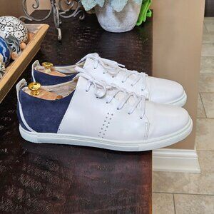 M Moustache Men's Leather Sneakers, White/Navy, Sz 13